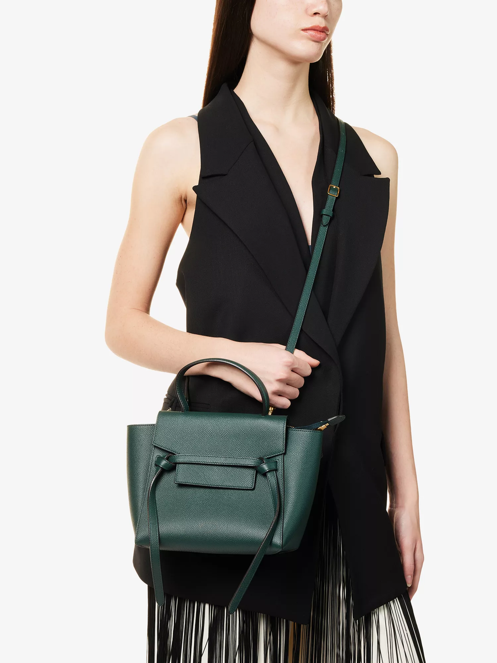 Dark Green Leather Structured Mini Flap Tote Crossbody Bag