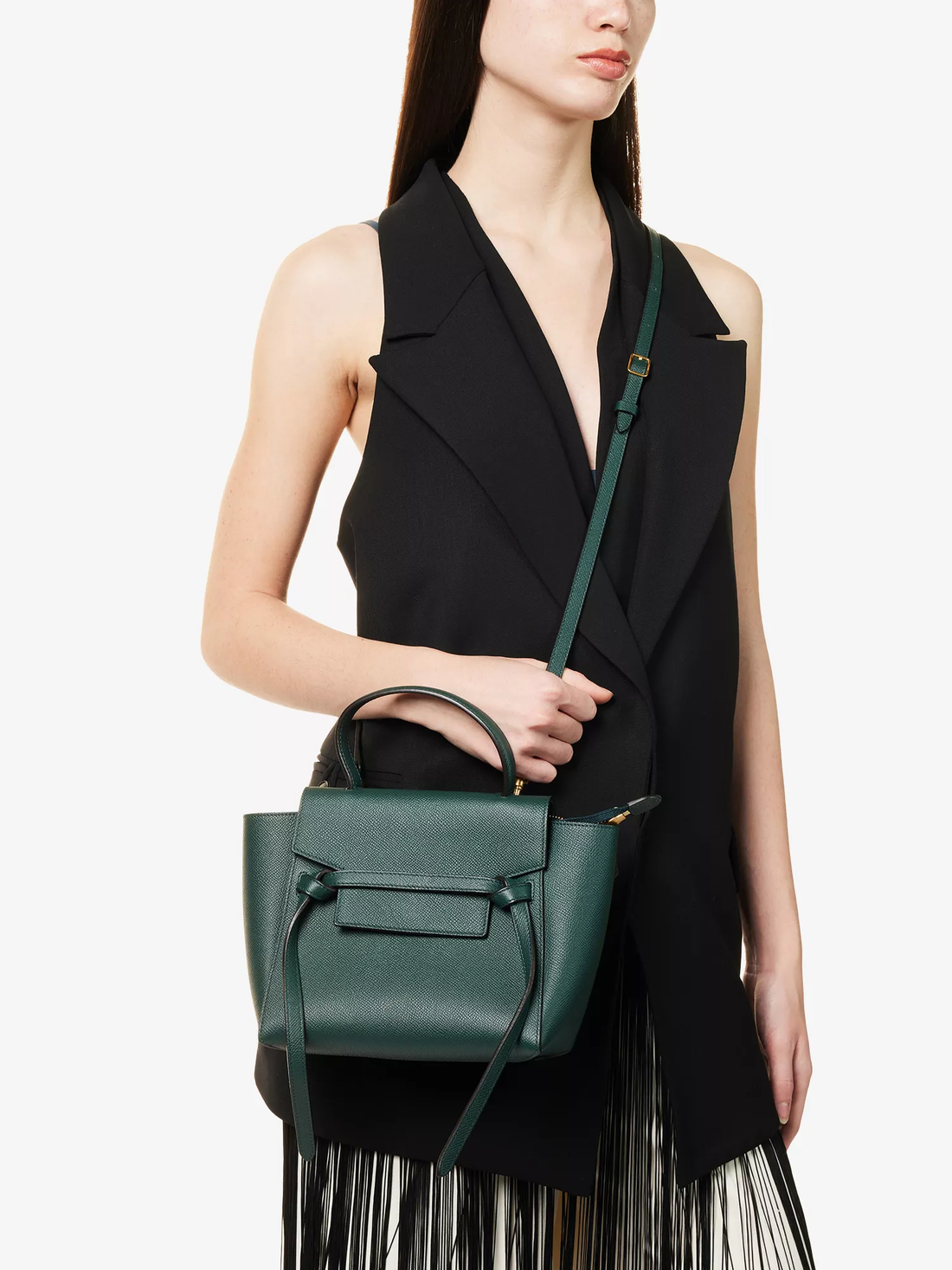 Dark Green Leather Structured Mini Flap Tote Crossbody Bag