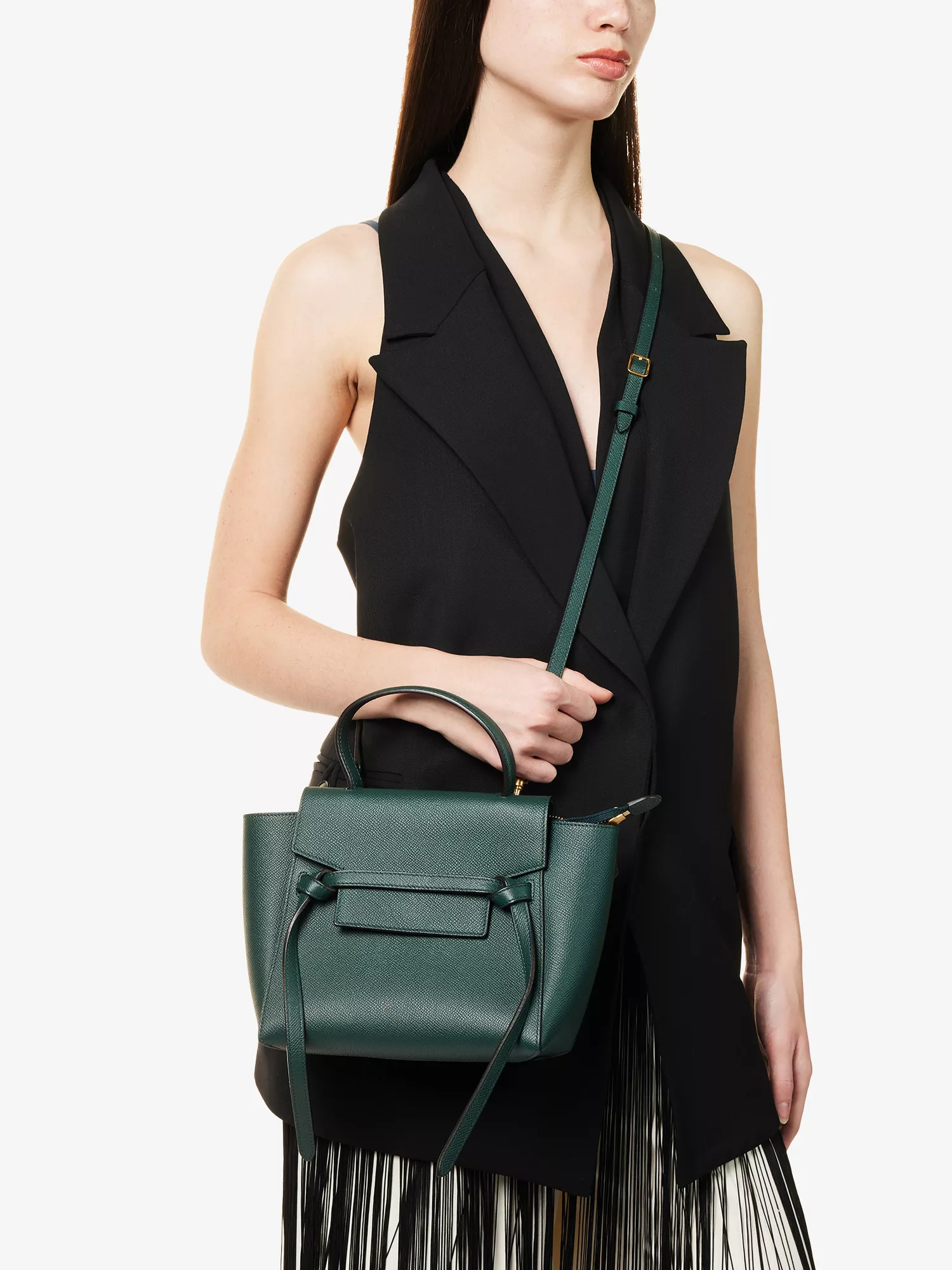 Dark Green Leather Structured Mini Flap Tote Crossbody Bag
