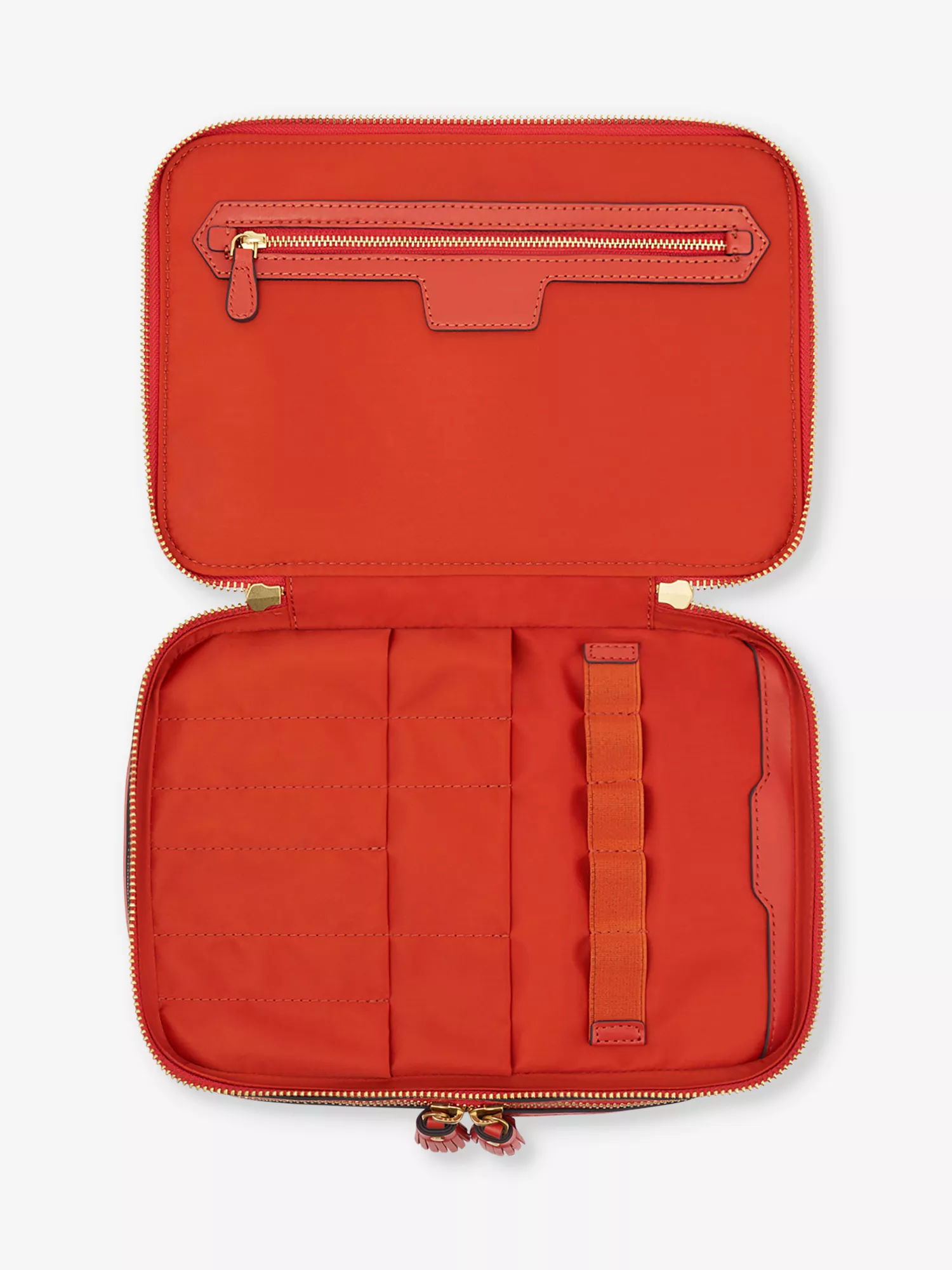 Red Jacquard Multi-Compartment Travel Makeup Train Case