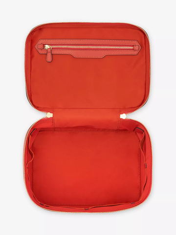 Red Jacquard Multi-Compartment Travel Makeup Train Case