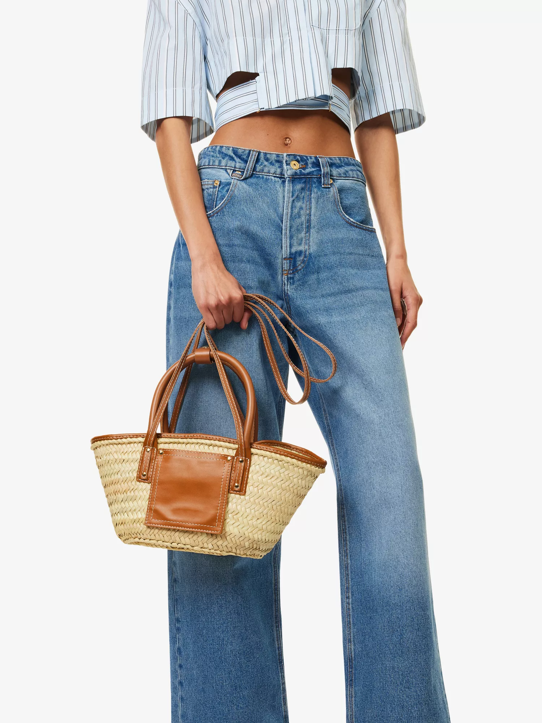 Natural Palm Leaf Curved Basket Tote Bag with Dual Straps