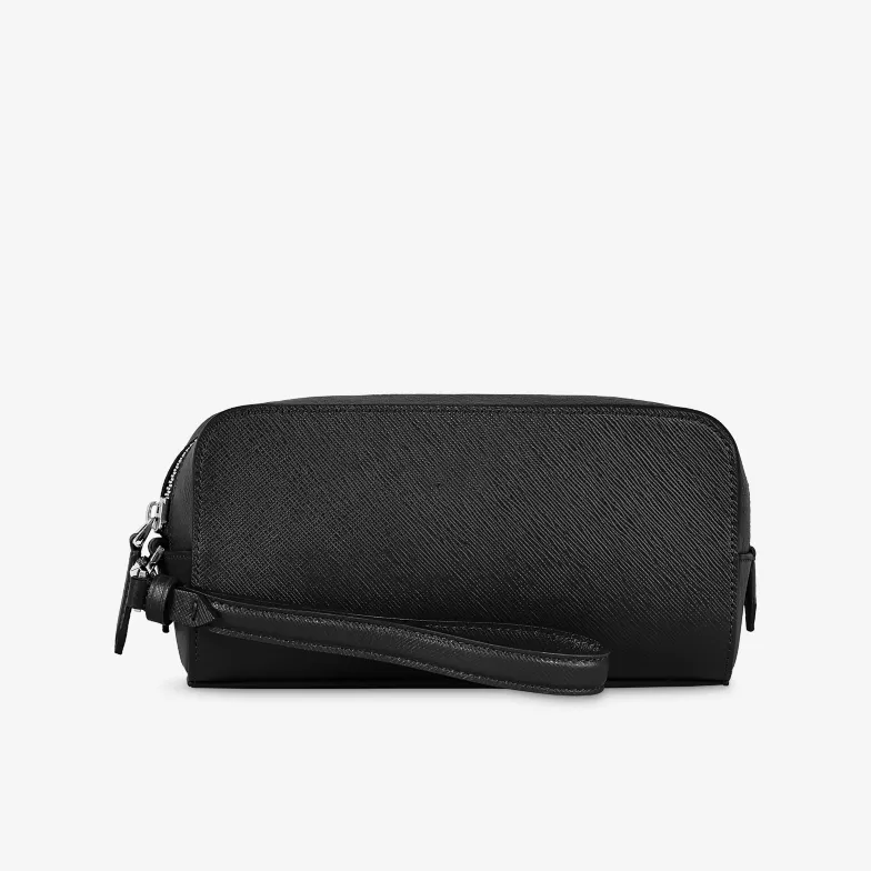 Black Leather Handheld Travel Toiletry Bag