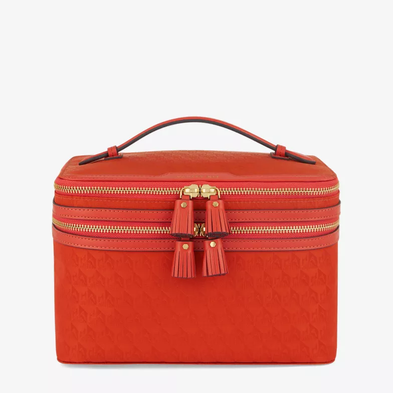 Red Jacquard Multi-Compartment Travel Makeup Train Case