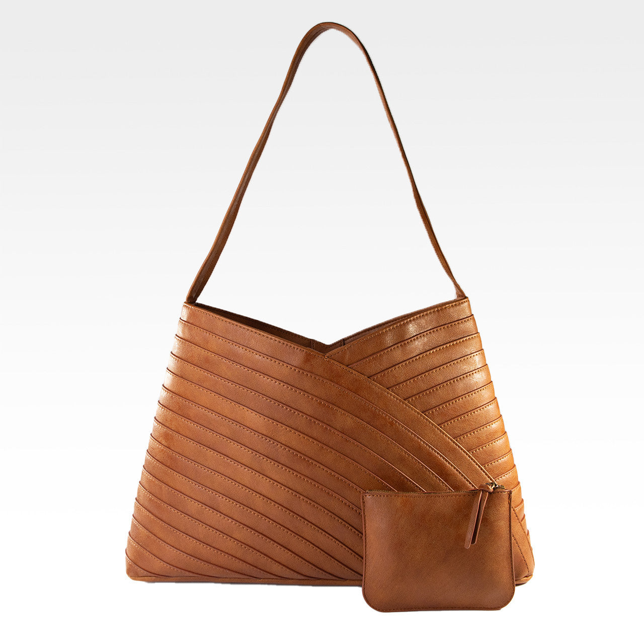 Camel Brown Grain Vegan Leather Quilted Tapered Shoulder Tote Bag