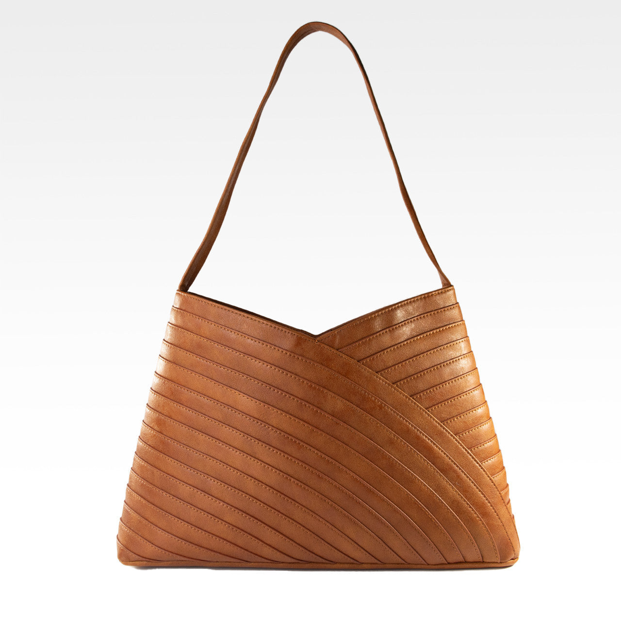 Camel Brown Grain Vegan Leather Quilted Tapered Shoulder Tote Bag