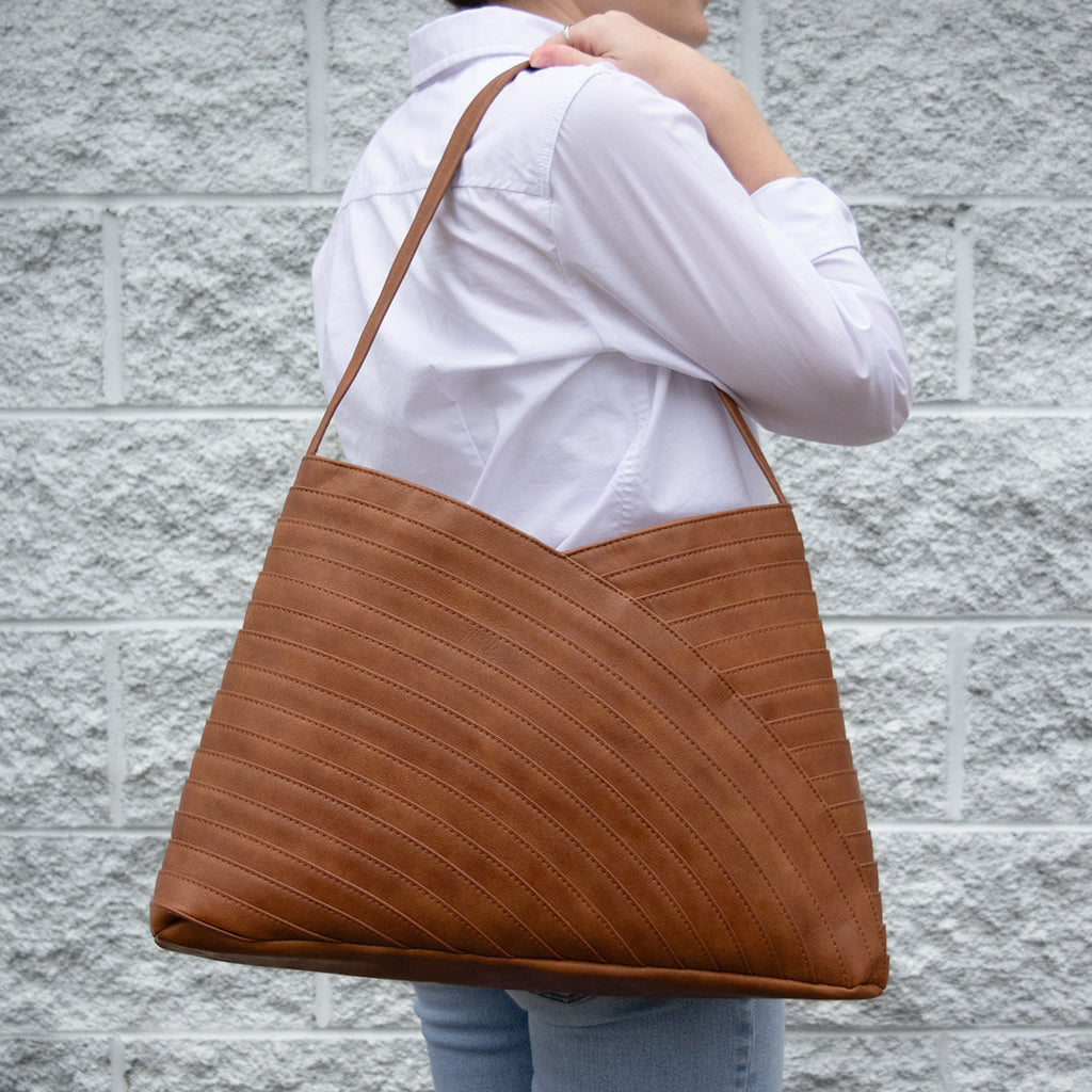 Camel Brown Grain Vegan Leather Quilted Tapered Shoulder Tote Bag