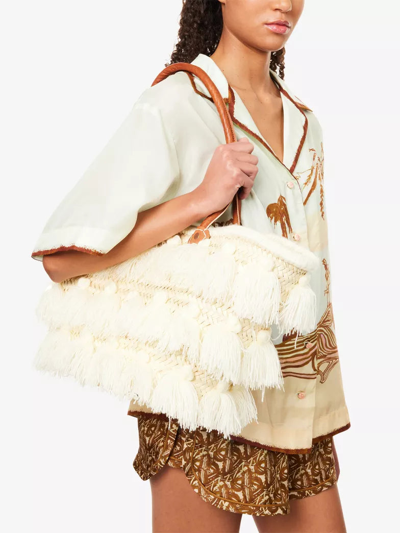 Natural Straw Structured Tassel Embellished Tote Bag