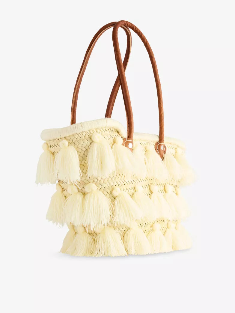 Natural Straw Structured Tassel Embellished Tote Bag