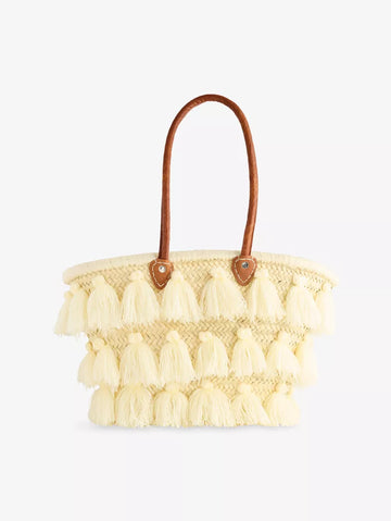 Natural Straw Structured Tassel Embellished Tote Bag