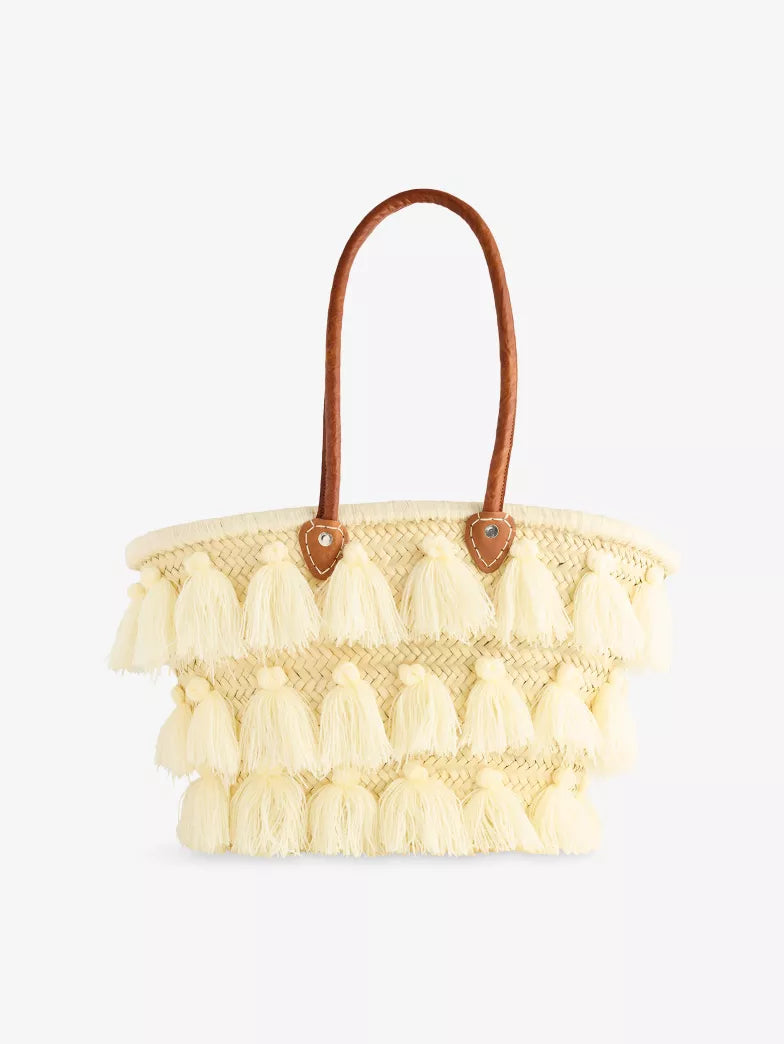 Natural Straw Structured Tassel Embellished Tote Bag