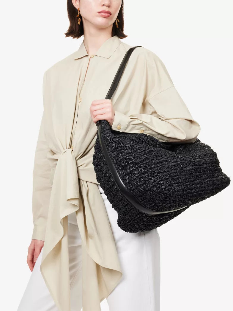 Black Woven Raffia Soft Slouch Shoulder Tote Bag