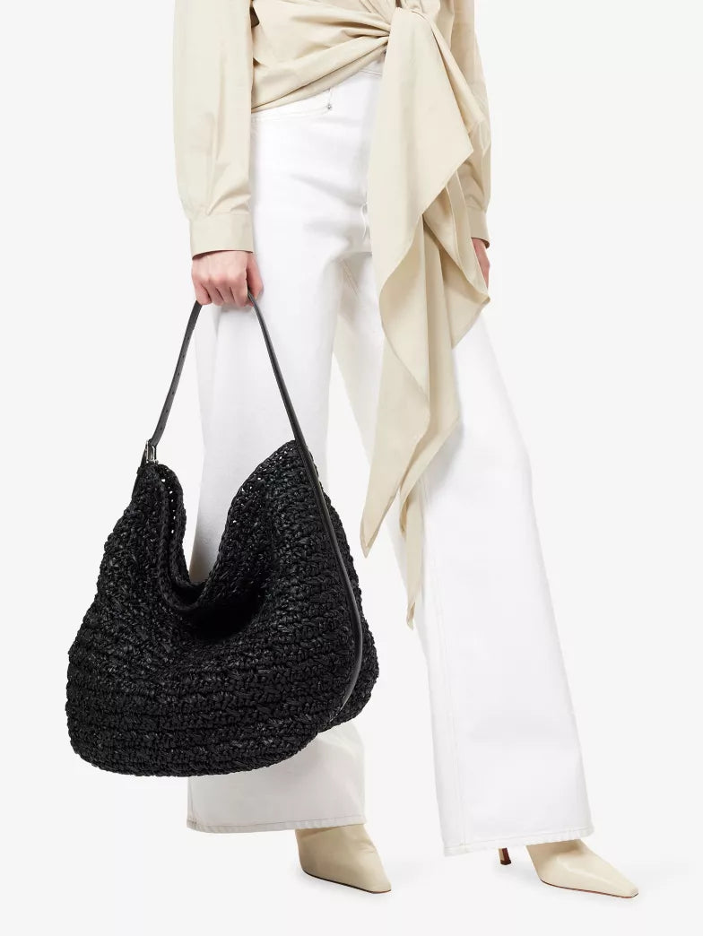 Black Woven Raffia Soft Slouch Shoulder Tote Bag
