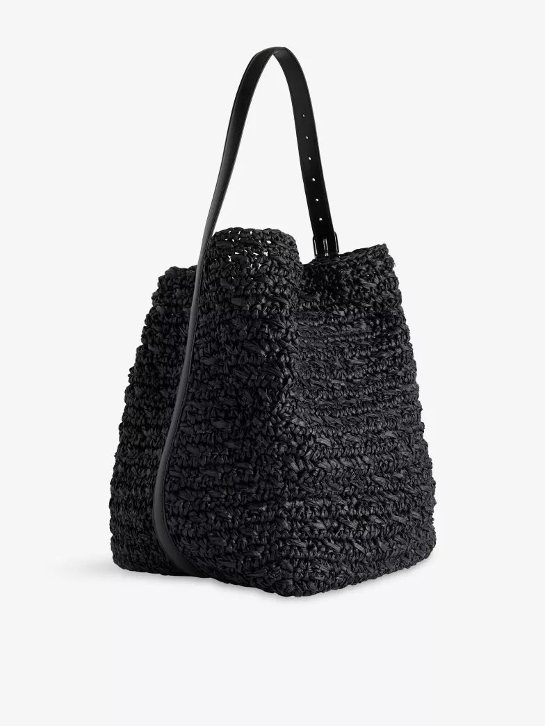 Black Woven Raffia Soft Slouch Shoulder Tote Bag