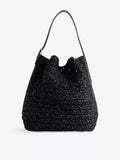 Black Woven Raffia Soft Slouch Shoulder Tote Bag
