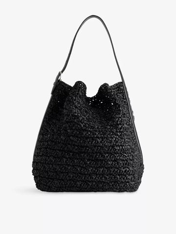 Black Woven Raffia Soft Slouch Shoulder Tote Bag