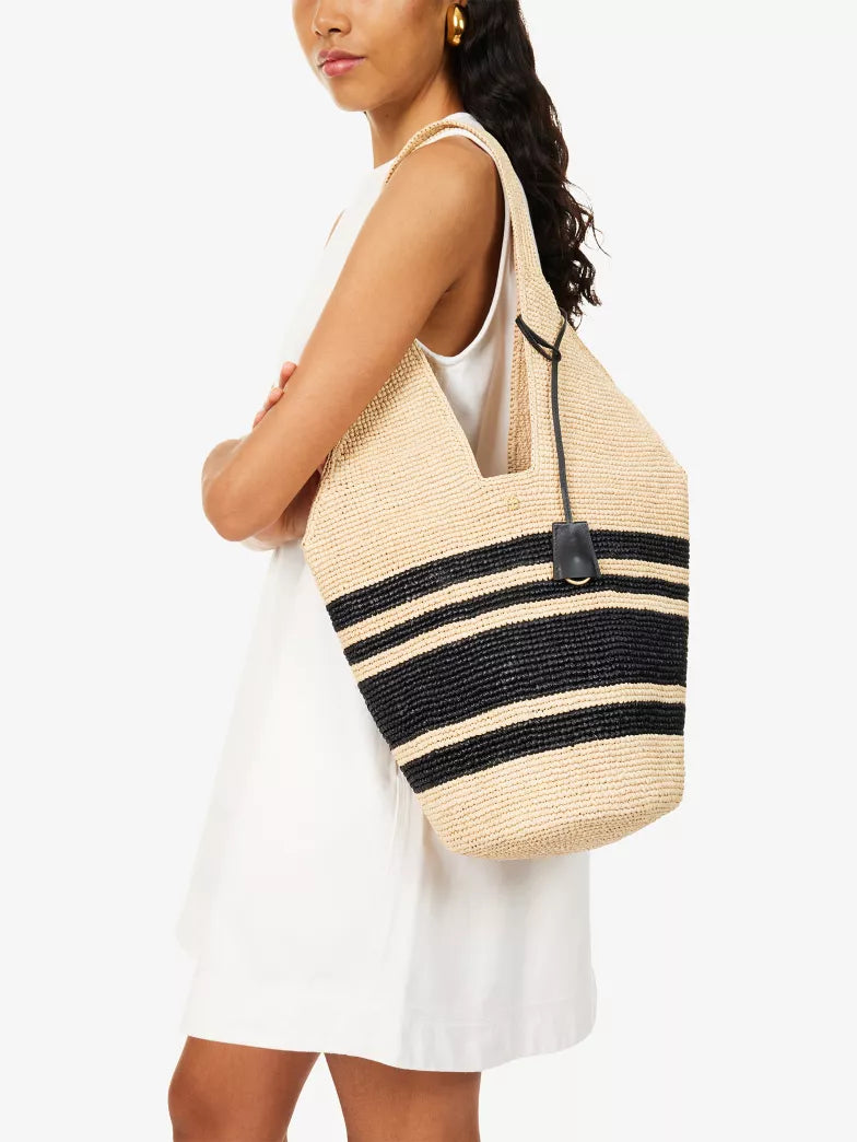 Striped Raffia Soft Slouch Shoulder Tote Bag