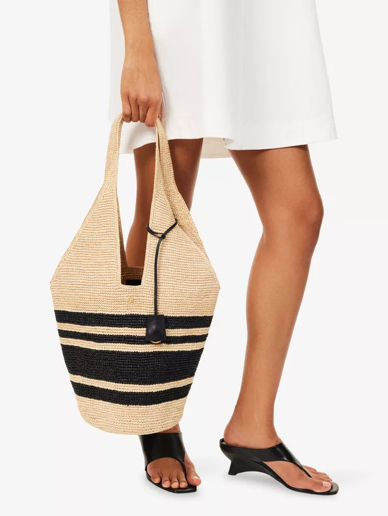 Striped Raffia Soft Slouch Shoulder Tote Bag