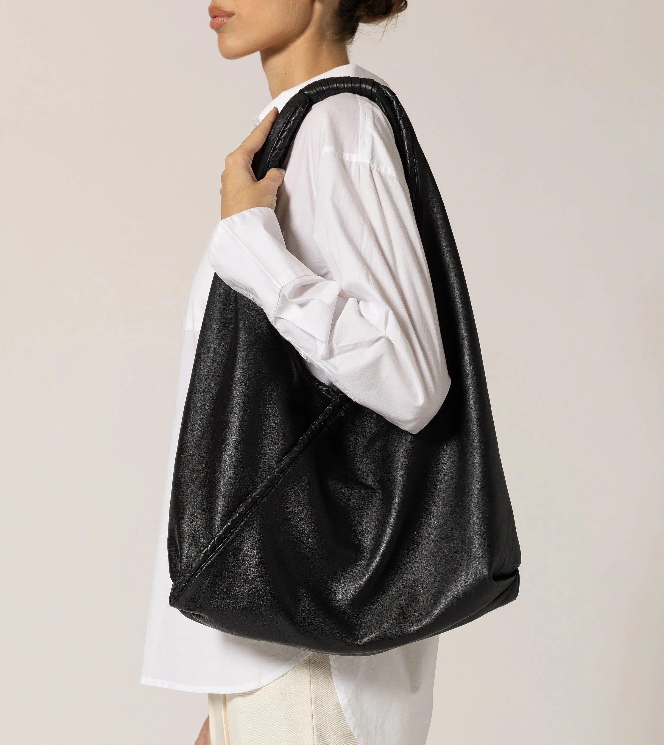 Black Lamb Leather Slouchy Hobo Bag with Wrapped Handle