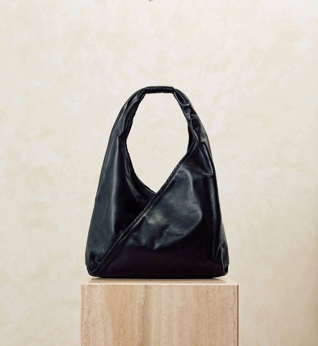 Black Lamb Leather Slouchy Hobo Bag with Wrapped Handle