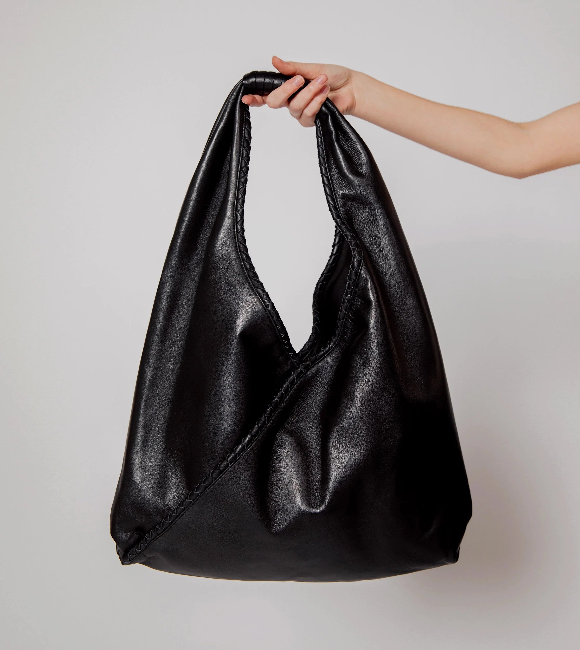 Black Lamb Leather Slouchy Hobo Bag with Wrapped Handle