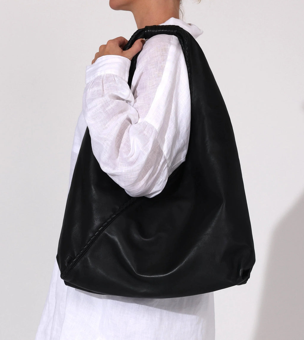 Black Lamb Leather Slouchy Hobo Bag with Wrapped Handle