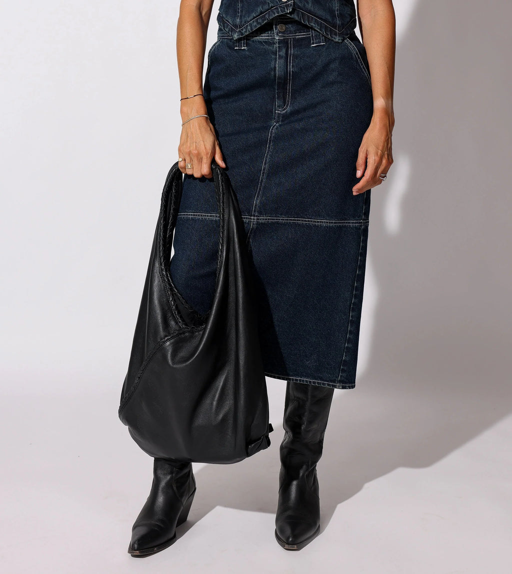 Black Lamb Leather Slouchy Hobo Bag with Wrapped Handle