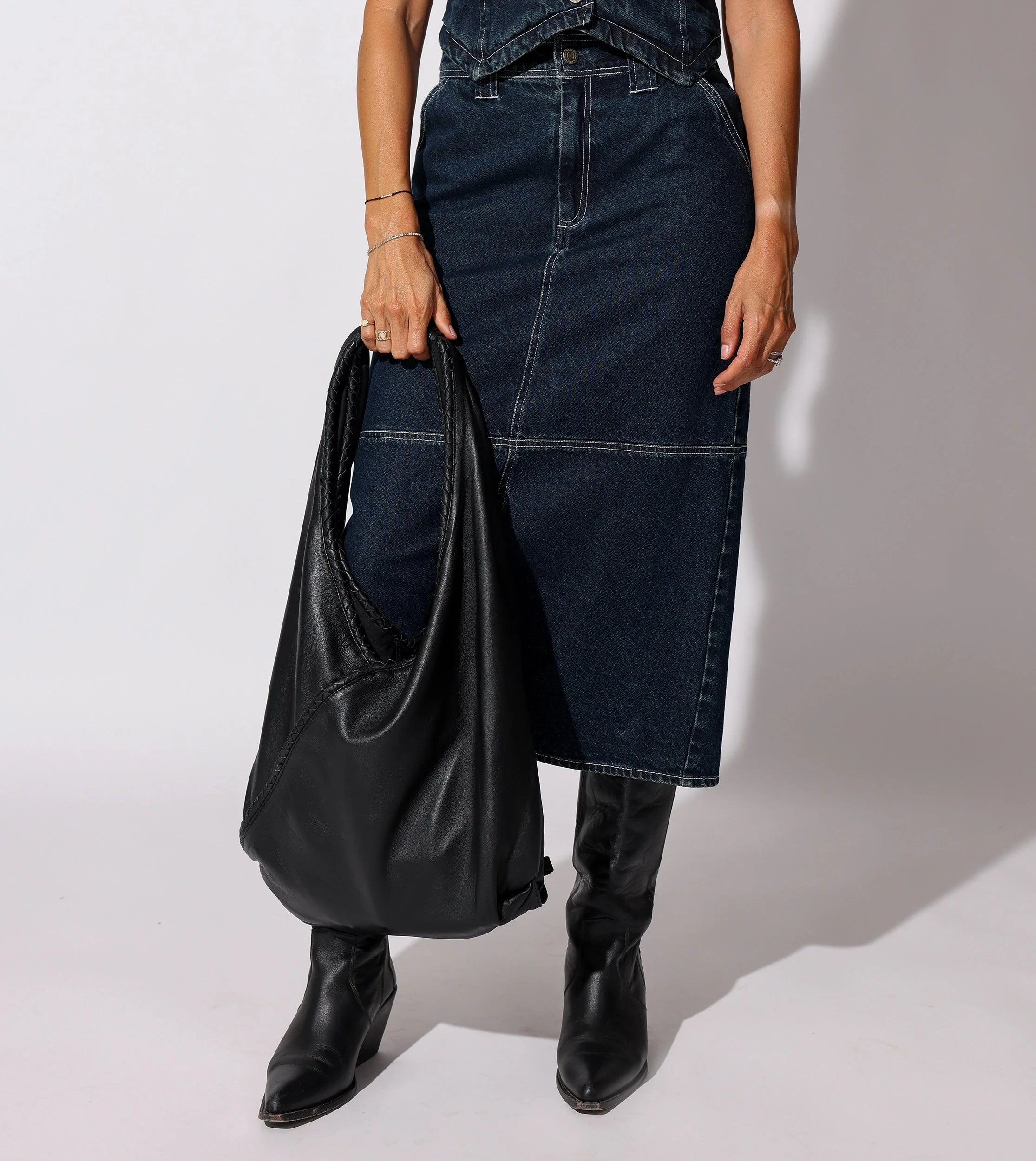 Black Lamb Leather Slouchy Hobo Bag with Wrapped Handle